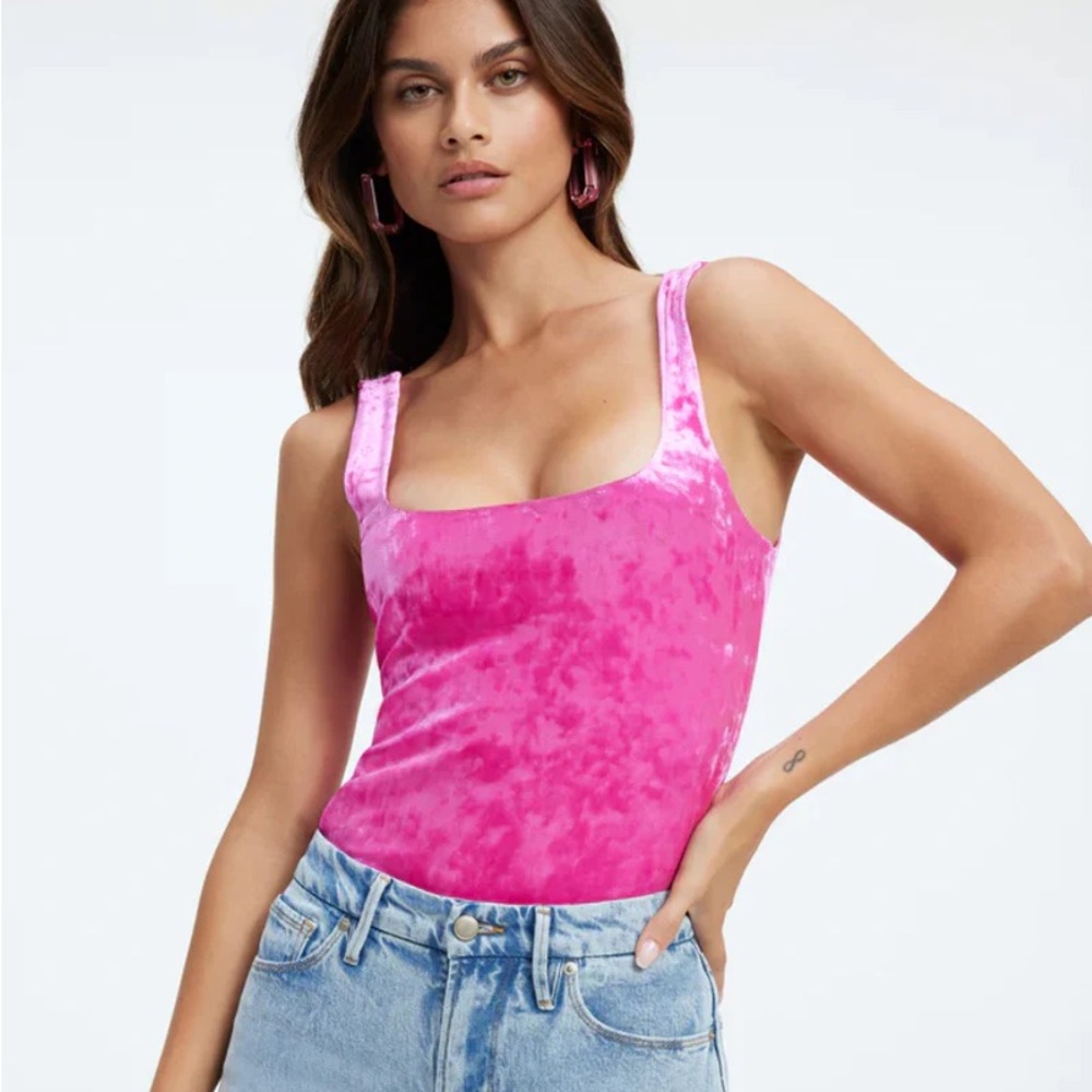 Good American Hot Pink Velvet Bodysuit Tank
